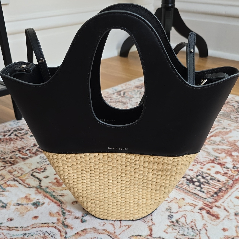 Danse Lente London Black Leather and Raffia Tote Bag